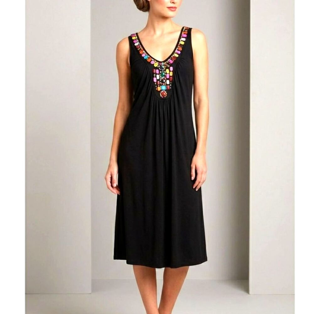 Tribal Beaded Neck Sleeveless Midi Dress Large Black Rayon Spandex Shift